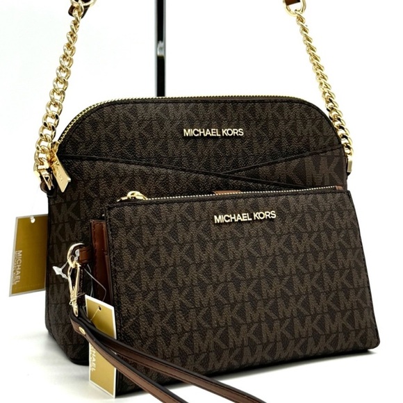 MICHAEL KORS Jet Set Travel Medium Dome Crossbody Bag & Double Zip Wallet Brown - Picture 1 of 13